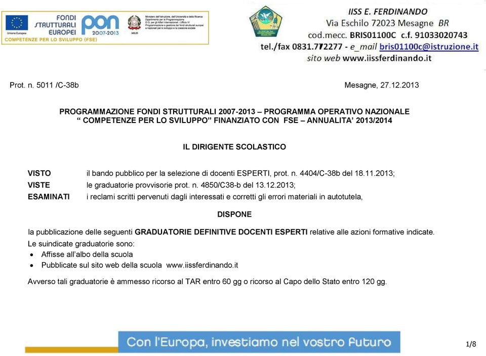 pubblico pr la slzion di docnti ESPERTI, prot. n. 4404/C-38b dl 18.11.2013; VISTE l graduatori provvisori prot. n. 4850/C38-b dl 13.12.