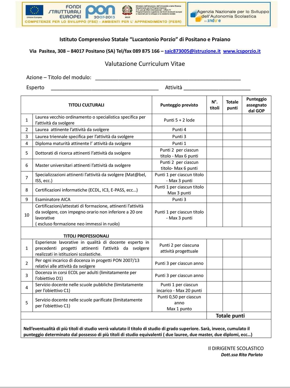 5 + 2 lode 2 Laurea attinente l attività da svolgere Punti 4 3 Laurea triennale specifica per l attività da svolgere Punti 3 4 Diploma maturità attinente l attività da svolgere Punti 1 5 Dottorati di