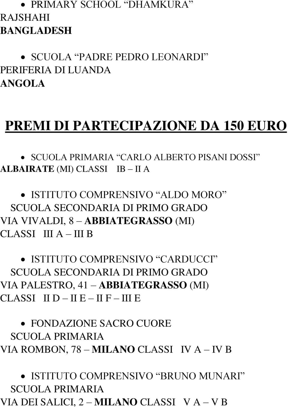 CLASSI III A III B ISTITUTO COMPRENSIVO CARDUCCI VIA PALESTRO, 41 ABBIATEGRASSO (MI) CLASSI II D II E II F III E FONDAZIONE SACRO CUORE