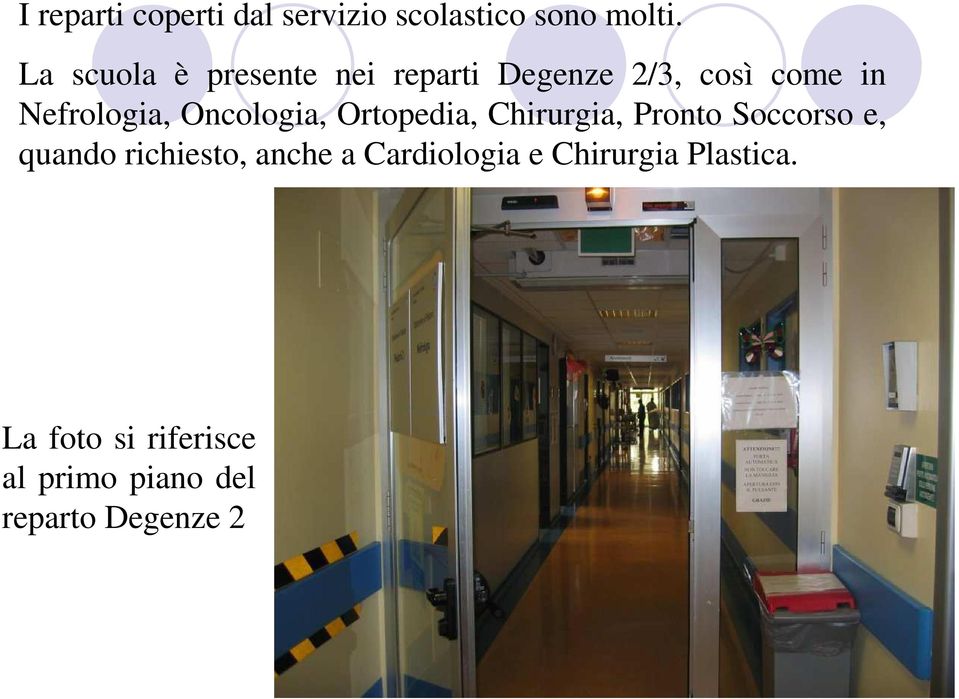 Oncologia, Ortopedia, Chirurgia, Pronto Soccorso e, quando richiesto,