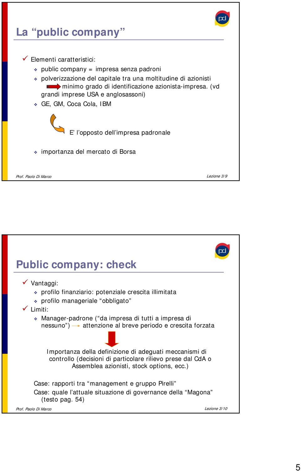 Paolo Di Marco Lezione 3/9 Public company: check Vantaggi: profilo finanziario: potenziale crescita illimitata profilo manageriale obbligato Limiti: Manager-padrone ( da impresa di tutti a impresa di