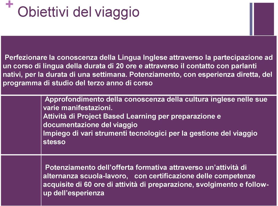 Potenziamento, con esperienza diretta, del programma di studio del terzo anno di corso Approfondimento della conoscenza della cultura inglese nelle sue varie manifestazioni.