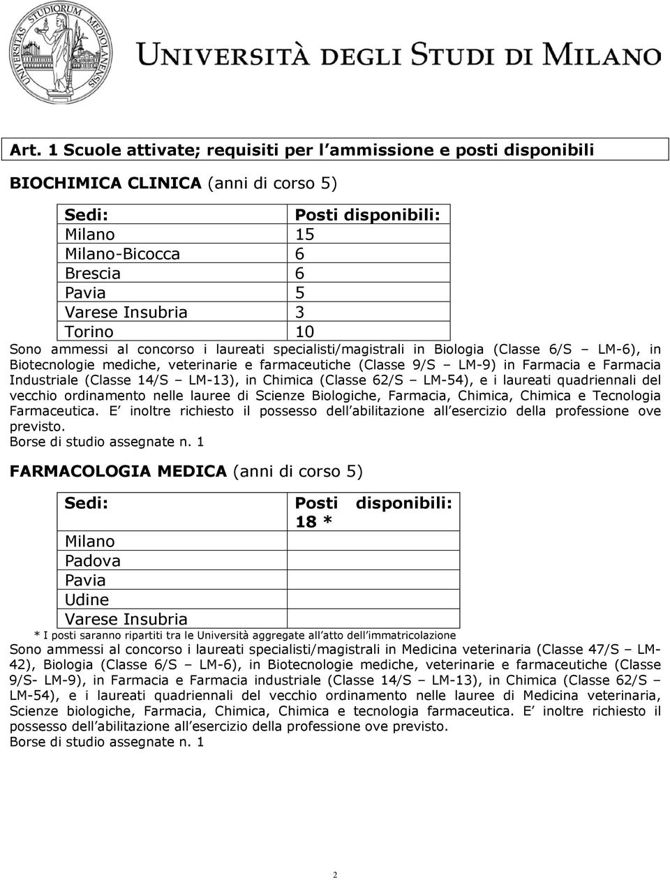 Industriale (Classe 14/S LM-13), in Chimica (Classe 62/S LM-54), e i laureati quadriennali del vecchio ordinamento nelle lauree di Scienze Biologiche, Farmacia, Chimica, Chimica e Tecnologia