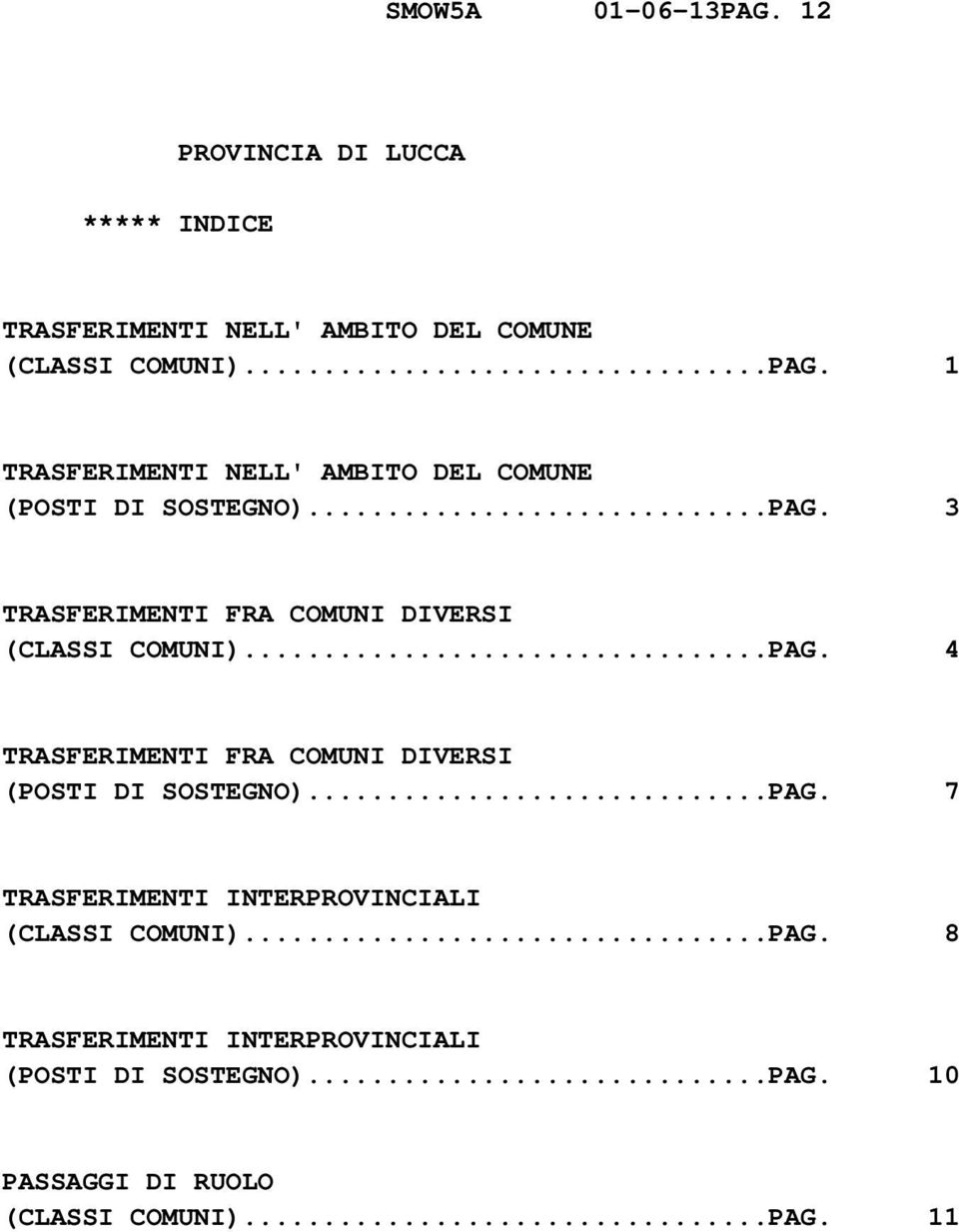 ..PAG. 7 TRASFERIMENTI INTERPROVINCIALI (CLASSI COMUNI)...PAG. 8 TRASFERIMENTI INTERPROVINCIALI (POSTI DI SOSTEGNO).