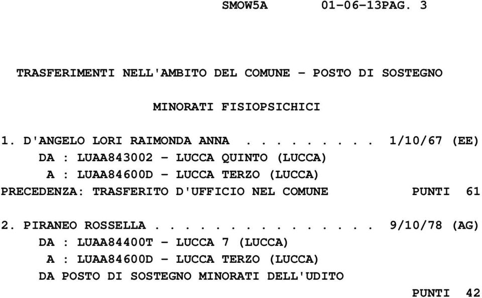 ........ 1/10/67 (EE) DA : LUAA843002 - LUCCA QUINTO (LUCCA) A : LUAA84600D - LUCCA TERZO (LUCCA) PRECEDENZA: