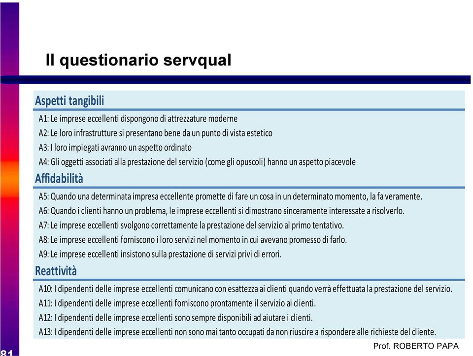 promette di fare un cosa in un determinato momento, la fa veramente. A6: Quando i clienti hanno un problema, le imprese eccellenti si dimostrano sinceramente interessate a risolverlo.