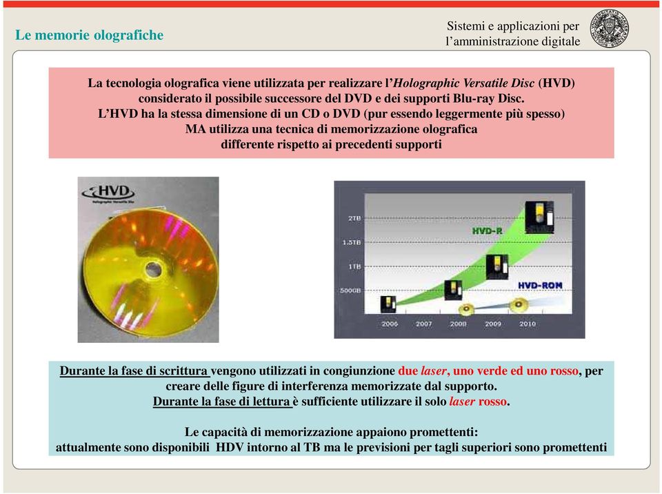 fase di scrittura vengono utilizzati in congiunzione due laser, uno verde ed uno rosso, per creare delle figure di interferenza memorizzate dal supporto.