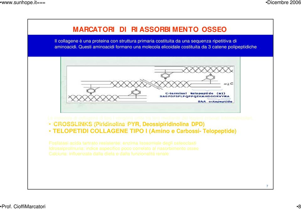 intermolecolari, crosslinks CROSSLINKS (indici di attività (Piridinolina osteoclastica) PYR, Deossipiridinolina DPD) TELOPETIDI COLLAGENE TIPO I (Amino e Carbossi- Telopeptide)