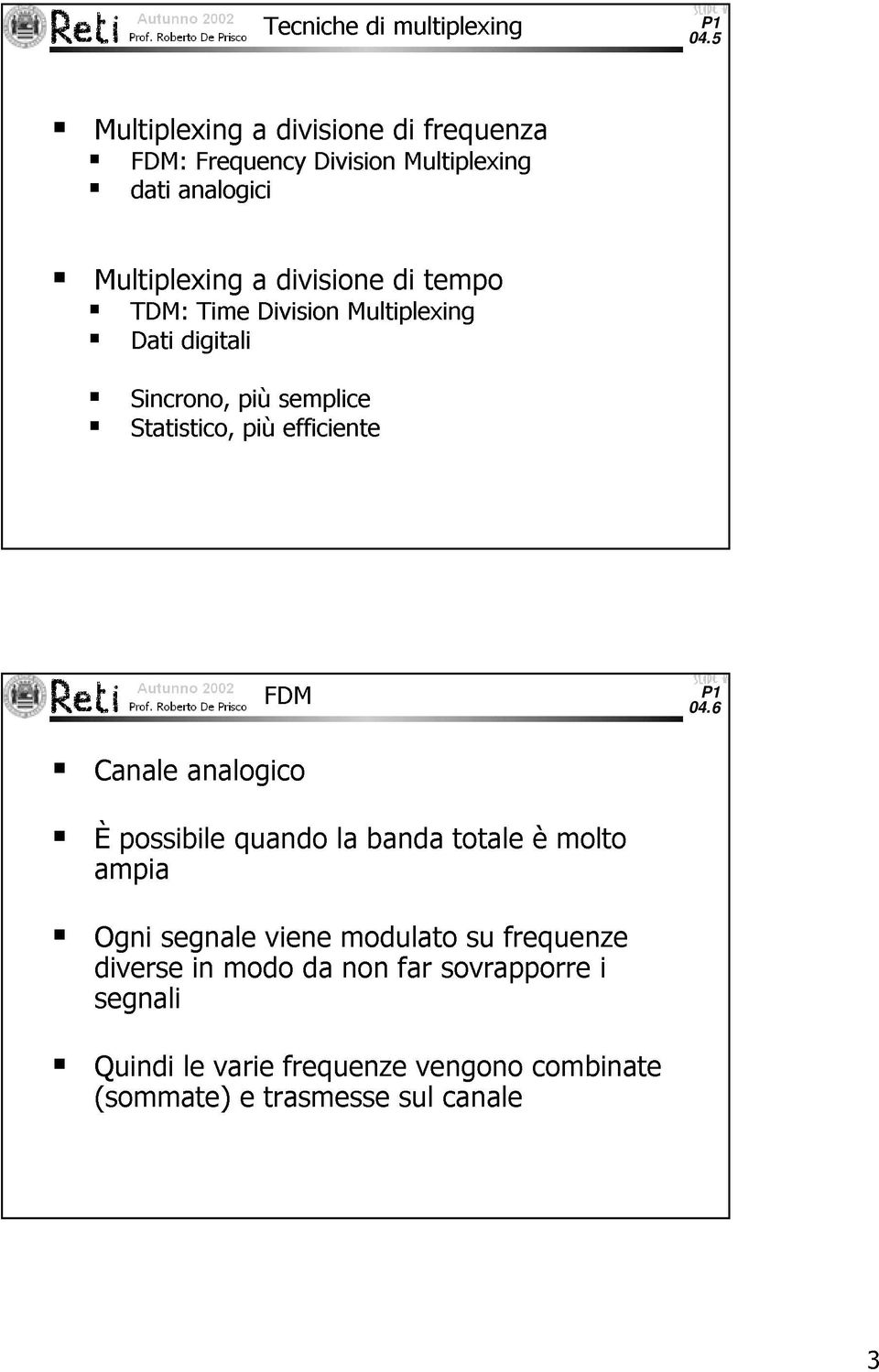 tempo TDM: Time Division Multiplexing Dati digitali Sincrono, più semplice Statistico, più efficiente FDM 04.