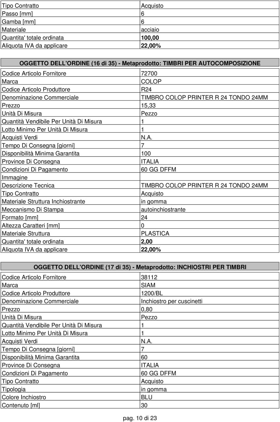 Meccanismo Di Stampa autoinchiostrante Formato [mm] 24 Altezza Caratteri [mm] 0 Struttura PLASTICA Quantita' totale ordinata 2,00 OGGETTO DELL'ORDINE (17 di 35) - Metaprodotto: INCHIOSTRI PER TIMBRI