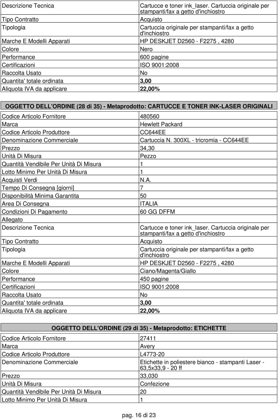 pagine Certificazioni ISO 9001:2008 Raccolta Usato No Quantita' totale ordinata 3,00 OGGETTO DELL'ORDINE (28 di 35) - Metaprodotto: CARTUCCE E TONER INK-LASER ORIGINALI Codice Articolo Fornitore