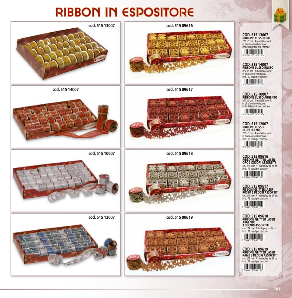 515 10007 RIBBONS LUSSO ARGENTO 270 x 5 cm - 4 modelli assortiti in display da 40 ribbons imb.: 80 pezzi per cartone COD.
