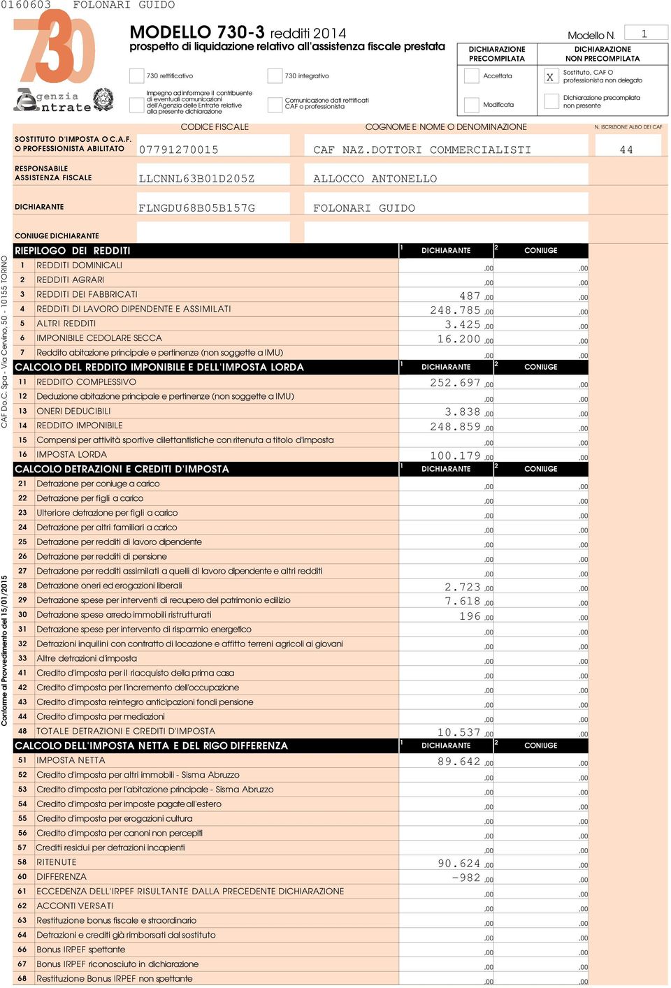 delle Entrate relative alla presente dichiarazione Comunicazione dati rettificati CAF o professionista Modificata Dichiarazione precompilata non presente SOSTITUTO D'IMPOSTA O C.A.F. O PROFESSIONISTA ABILITATO FISCALE COGNOME E NOME O DENOMINAZIONE N.