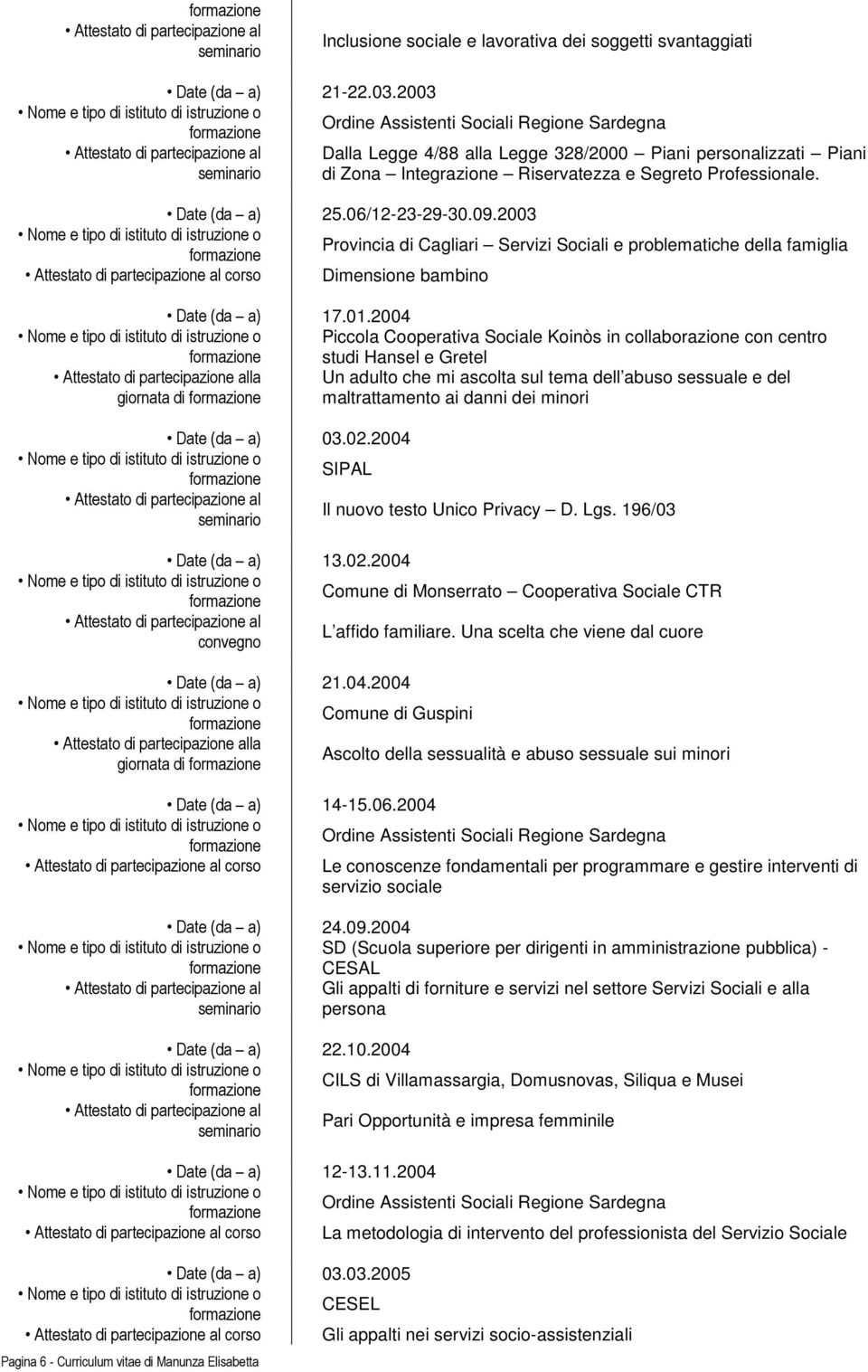 06/12-23-29-30.09.2003 Provincia di Cagliari Servizi Sociali e problematiche della famiglia corso Dimensione bambino Date (da a) 17.01.