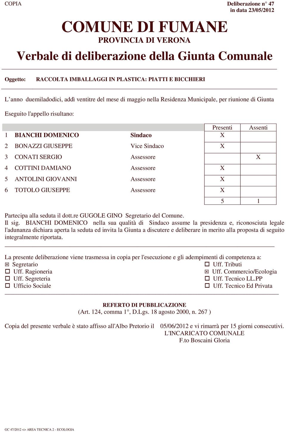 Assessore X 5 ANTOLINI GIOVANNI Assessore X 6 TOTOLO GIUSEPPE Assessore X Assenti 5 1 Partecipa alla seduta il dott.re GUGOLE GINO Segretario del Comune. Il sig.