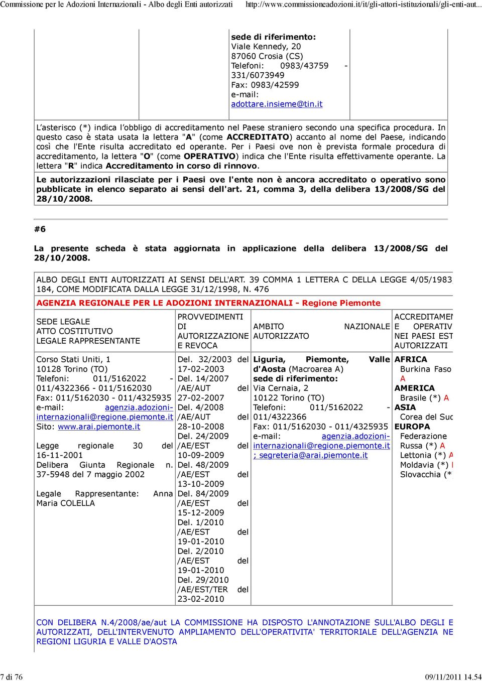 011/5162030-011/4325935 agenzia.adozioniinternazionali@regione.piemonte.it Sito: www.arai.piemonte.it Legge regionale 30 del 16-11-2001 Delibera Giunta Regionale n.