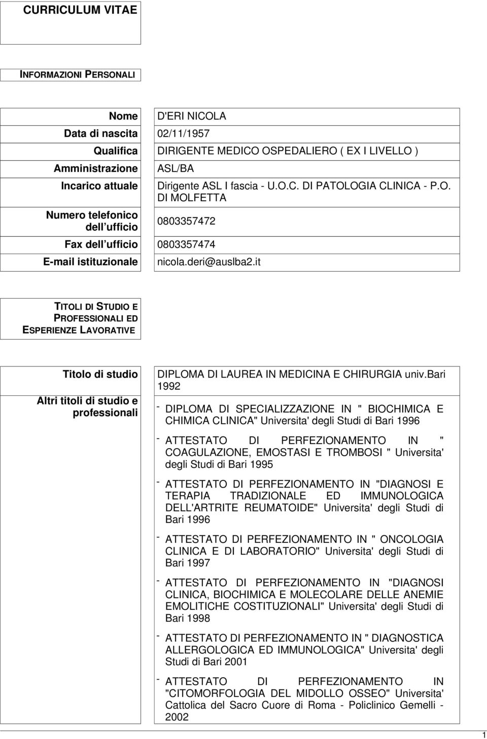 it TITOLI DI STUDIO E PROFESSIONALI ED ESPERIENZE LAVORATIVE Titolo di studio Altri titoli di studio e professionali DIPLOMA DI LAUREA IN MEDICINA E CHIRURGIA univ.