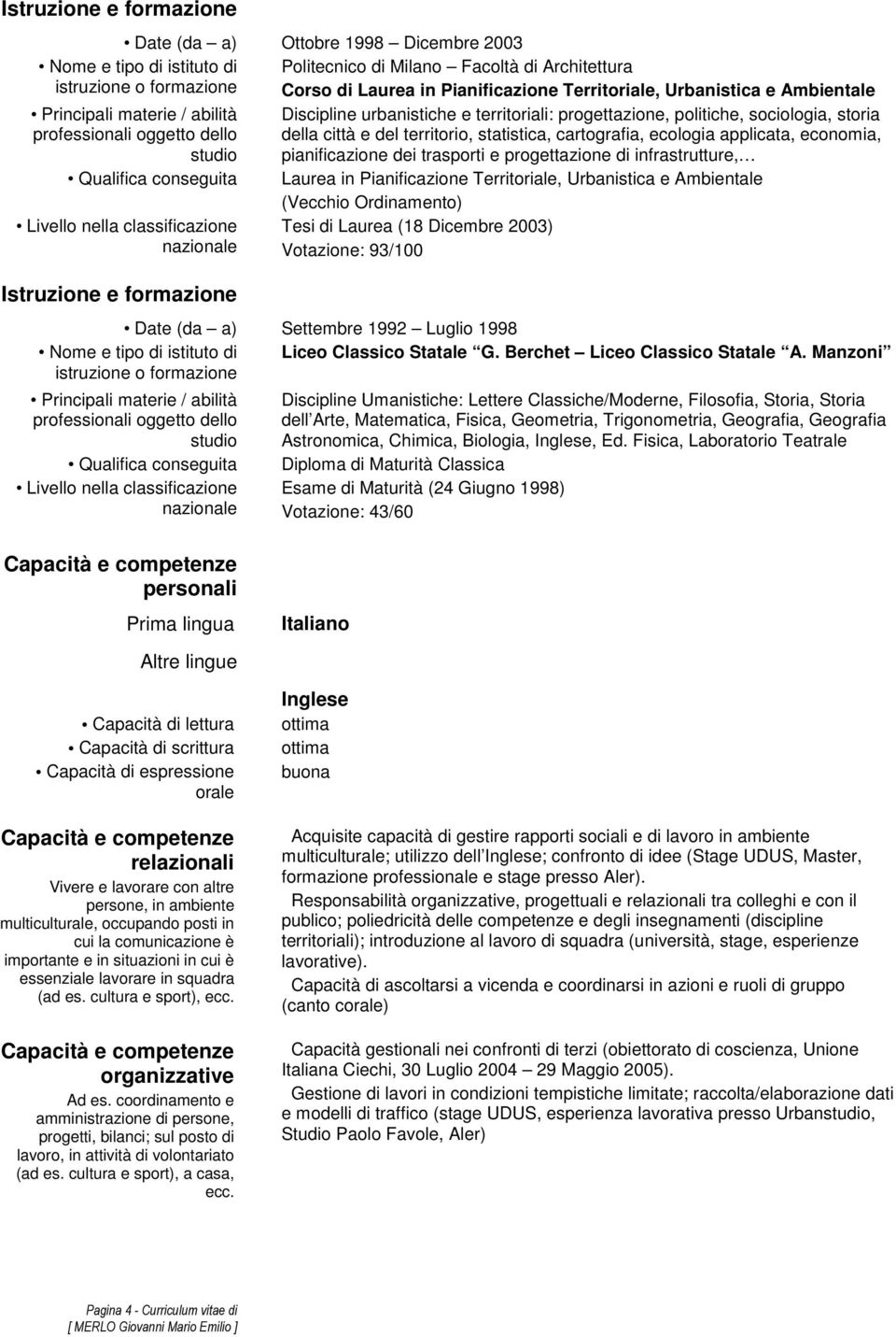 progettazione di infrastrutture, Qualifica conseguita Laurea in Pianificazione Territoriale, Urbanistica e Ambientale (Vecchio Ordinamento) Livello nella classificazione nazionale Tesi di Laurea (18