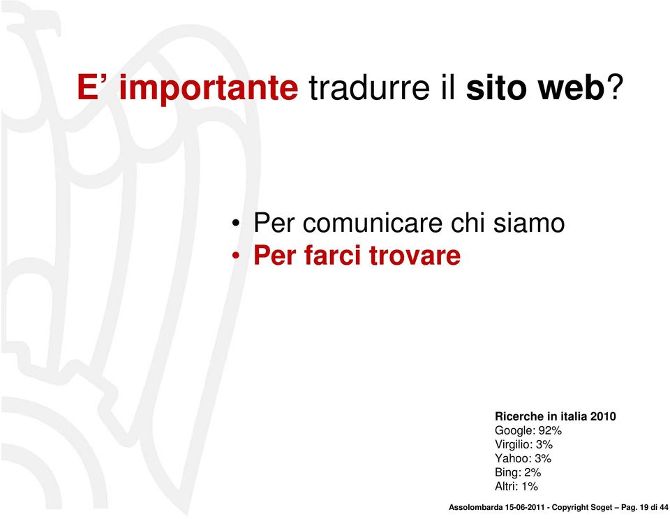 in italia 2010 Google: 92% Virgilio: 3% Yahoo: 3%