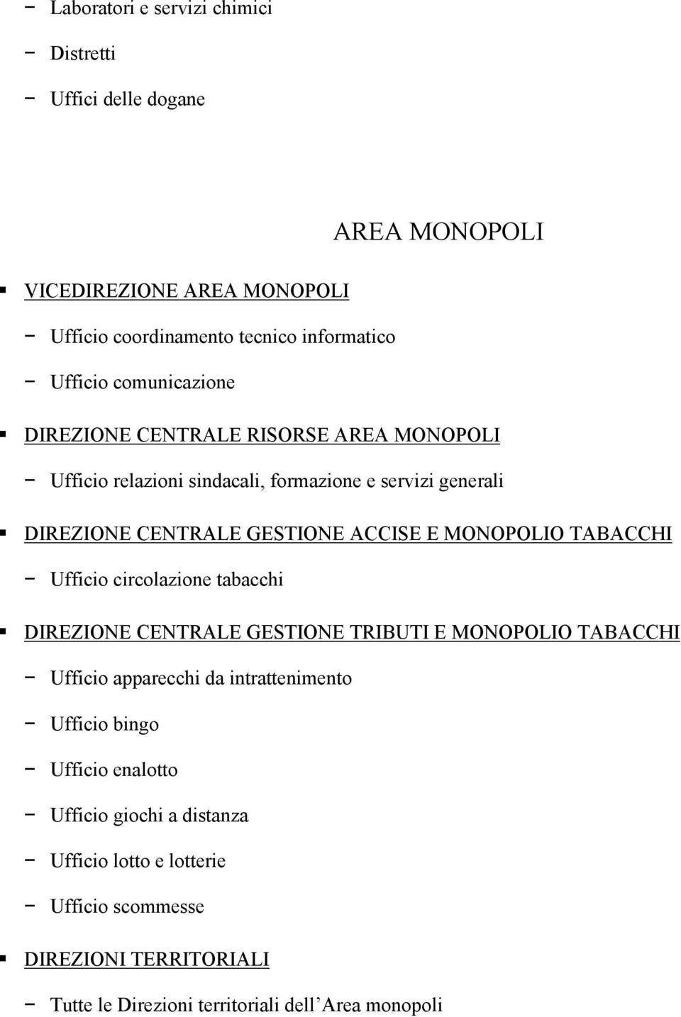 MONOPOLIO TABACCHI Ufficio circolazione tabacchi DIREZIONE CENTRALE GESTIONE TRIBUTI E MONOPOLIO TABACCHI Ufficio apparecchi da intrattenimento Ufficio