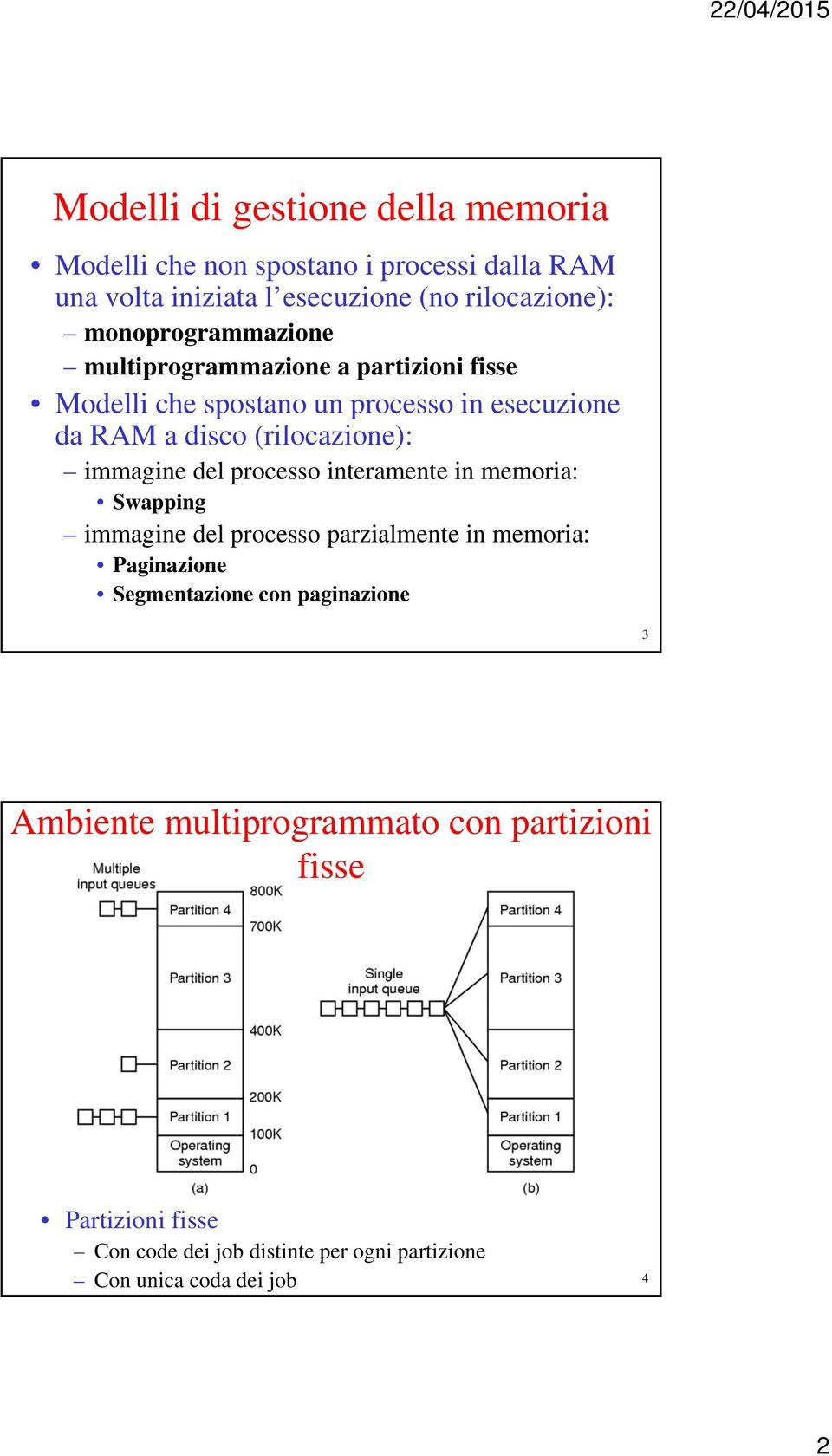 immagine del processo interamente in memoria: Swapping immagine del processo parzialmente in memoria: Paginazione Segmentazione con