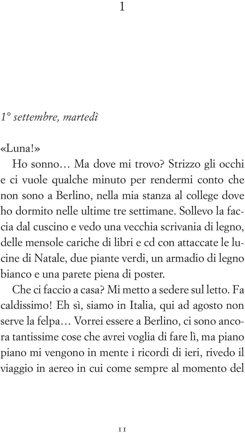 Sollevo la faccia dal cuscino e vedo una vecchia scrivania di legno, delle mensole cariche di libri e cd con attaccate le lucine di Natale, due piante verdi, un armadio di legno bianco e