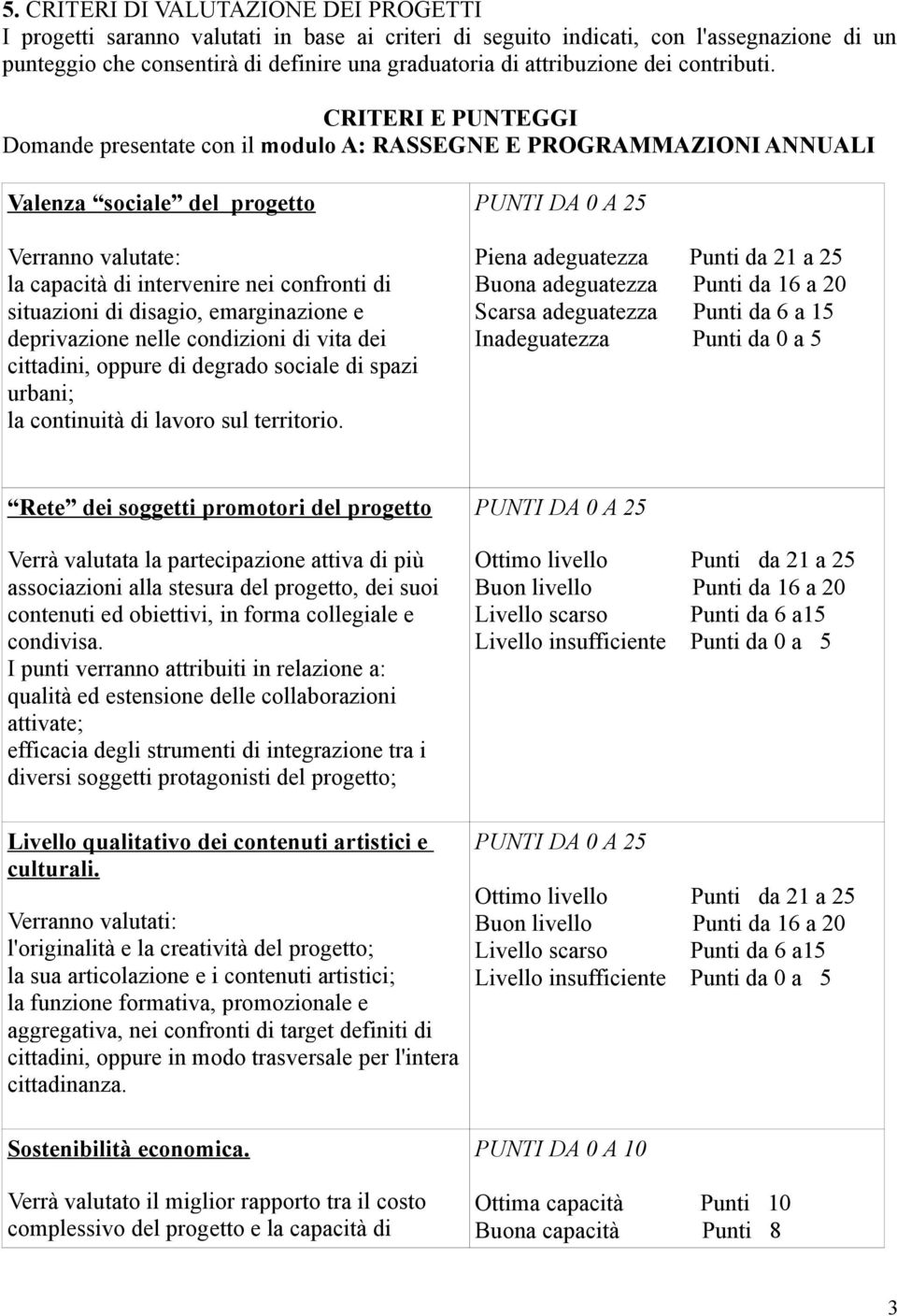 CRITERI E PUNTEGGI Domande presentate con il modulo A: RASSEGNE E PROGRAMMAZIONI ANNUALI Valenza sociale del progetto Verranno valutate: la capacità di intervenire nei confronti di situazioni di