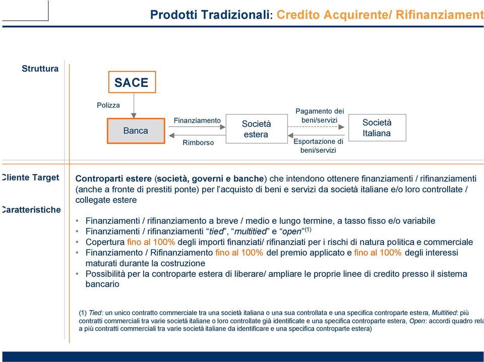 da società italiane e/o loro controllate / collegate estere Finanziamenti / rifinanziamento a breve / medio e lungo termine, a tasso fisso e/o variabile Finanziamenti / rifinanziamenti tied,