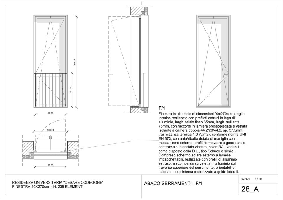 0 W/m2K conforme norma UNI EN 673, con anta/ribalta dotata di maniglia con meccanismo esterno, profili fermavetro e gocciolatoio, controtelaio in acciaio zincato, colori RAL variabili come disposto