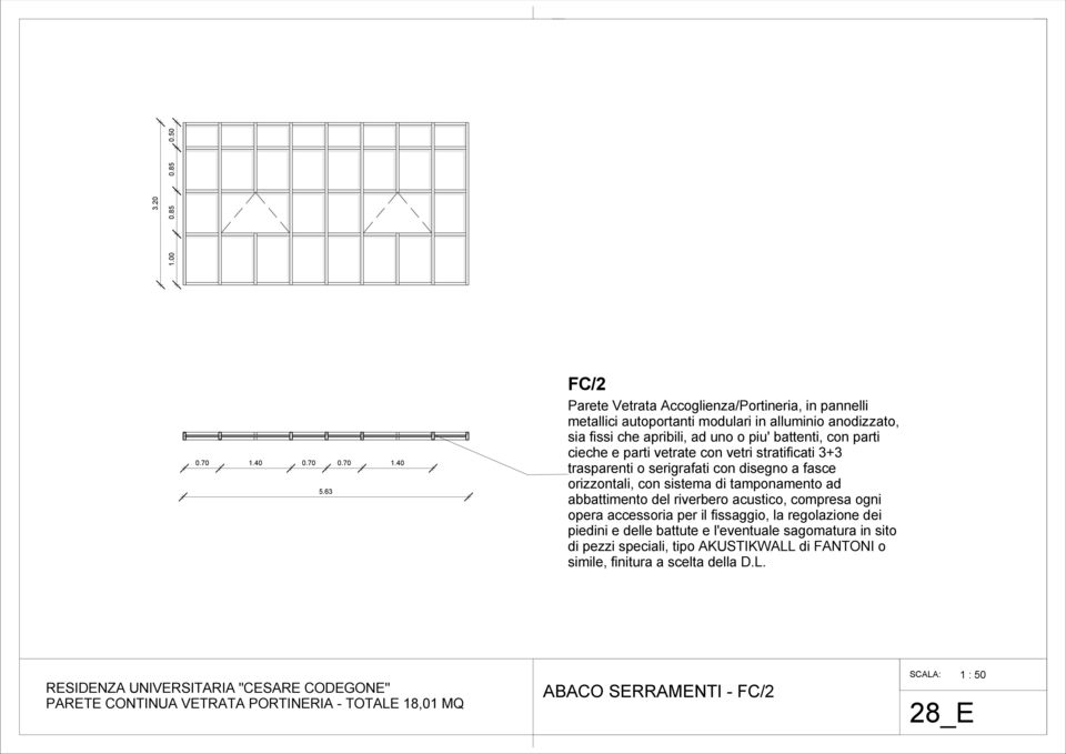 cieche e parti vetrate con vetri stratificati 3+3 trasparenti o serigrafati con disegno a fasce orizzontali, con sistema di tamponamento ad abbattimento del riverbero acustico,