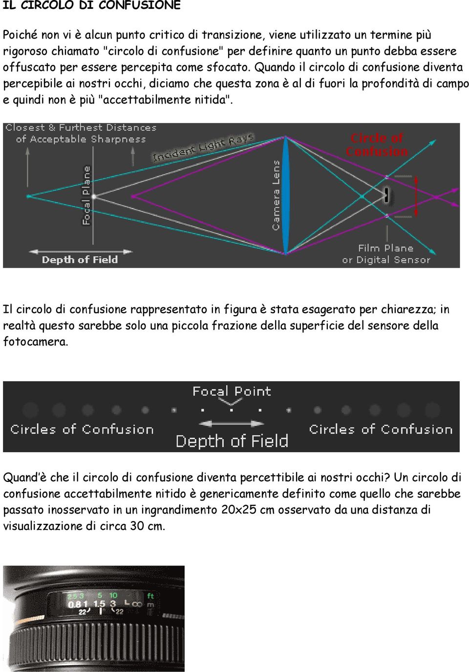 Quando il circolo di confusione diventa percepibile ai nostri occhi, diciamo che questa zona è al di fuori la profondità di campo e quindi non è più "accettabilmente nitida".