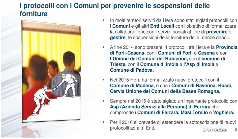 A fine 2014 sono presenti 4 protocolli tra Hera e la Provincia di Forlì-Cesena, con i Comuni di Forlì e Cesena e con l Unione dei Comuni del Rubicone, con il comune di Trieste, con il Comune di Imola