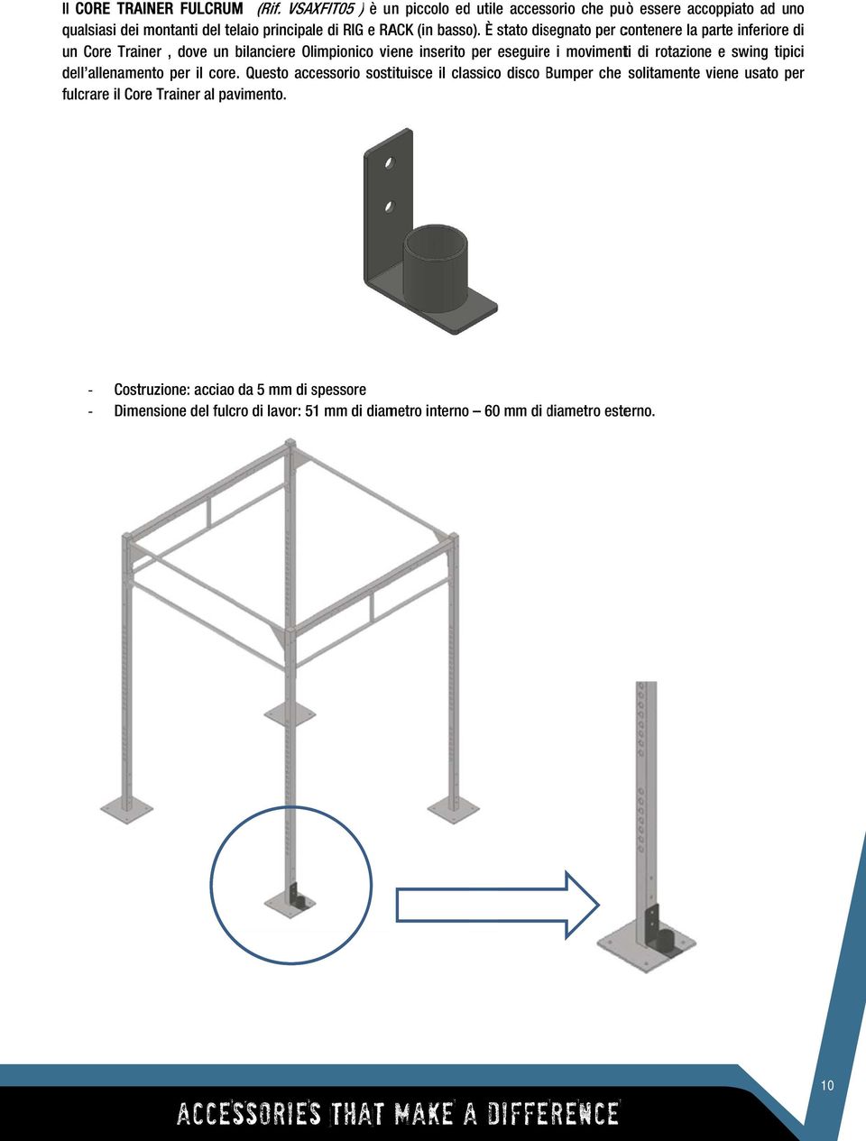 È stato disegnato per contenere la parte inferioree di un Core Trainer, dove un bilanciere Olimpionico viene inserito per eseguiree i movimenti di rotazione e