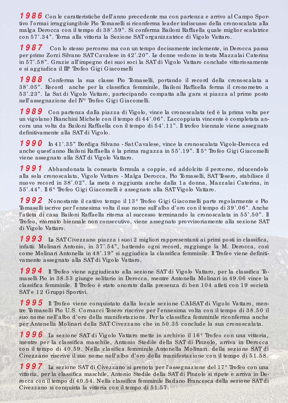 1987 Con lo stesso percorso ma con un tempo decisamente inclemente, in Derocca passa per primo Zorzi Silvano SAT Cavalese in 42.20. Le donne vedono in testa Mazzalai Caterina in 57.58.