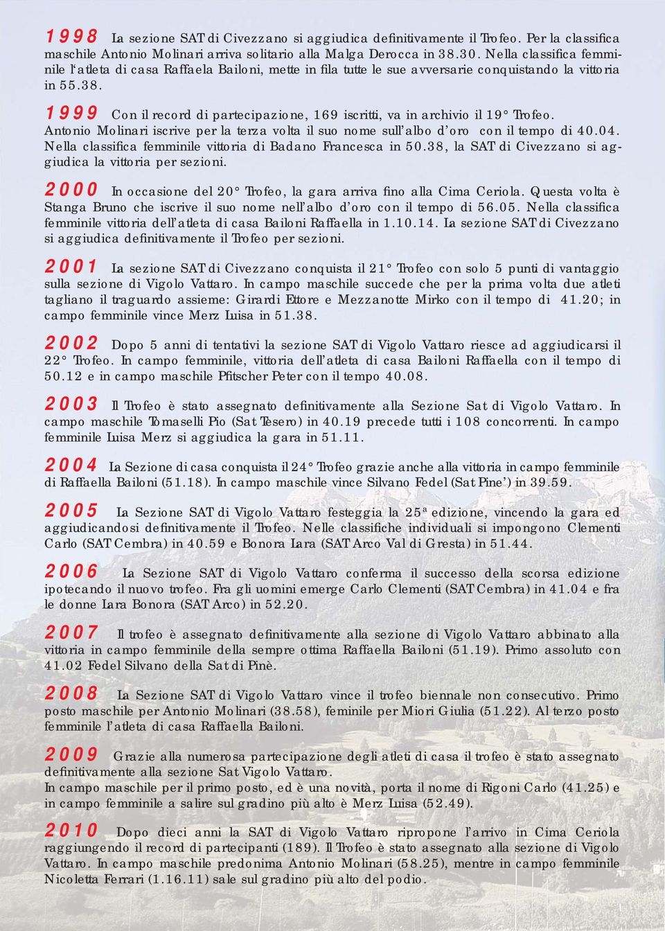 1999 Con il record di partecipazione, 169 iscritti, va in archivio il 19 Trofeo. Antonio Molinari iscrive per la terza volta il suo nome sull albo d oro con il tempo di 40.04.