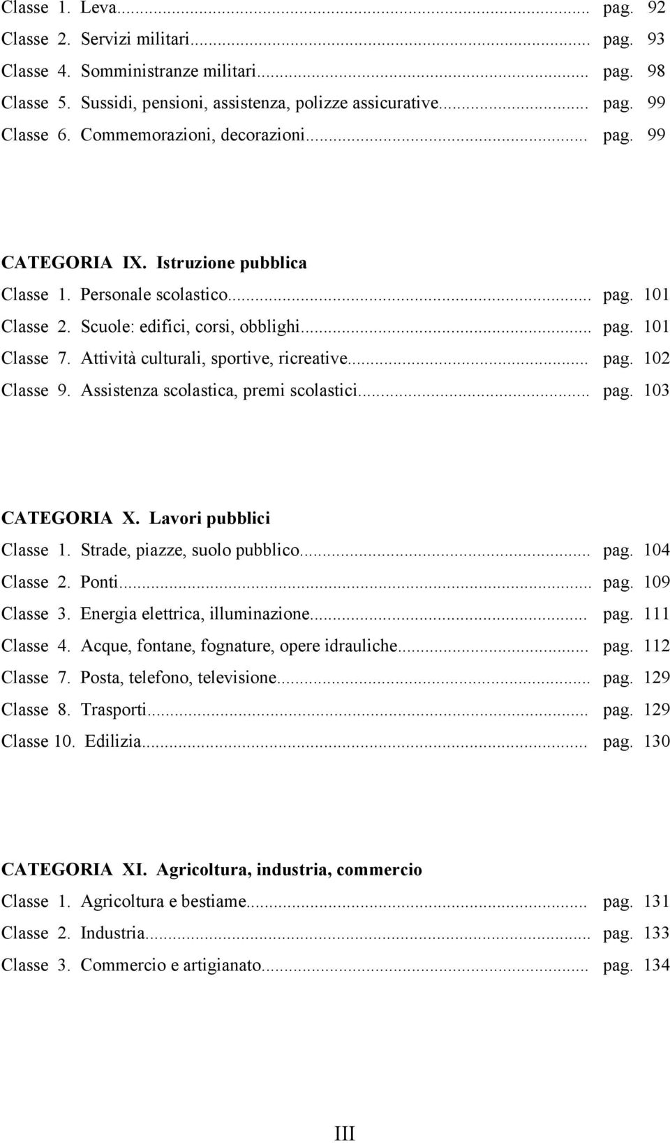 Attività culturali, sportive, ricreative... pag. 102 Classe 9. Assistenza scolastica, premi scolastici... pag. 103 CATEGORIA X. Lavori pubblici Classe 1. Strade, piazze, suolo pubblico... pag. 104 Classe 2.