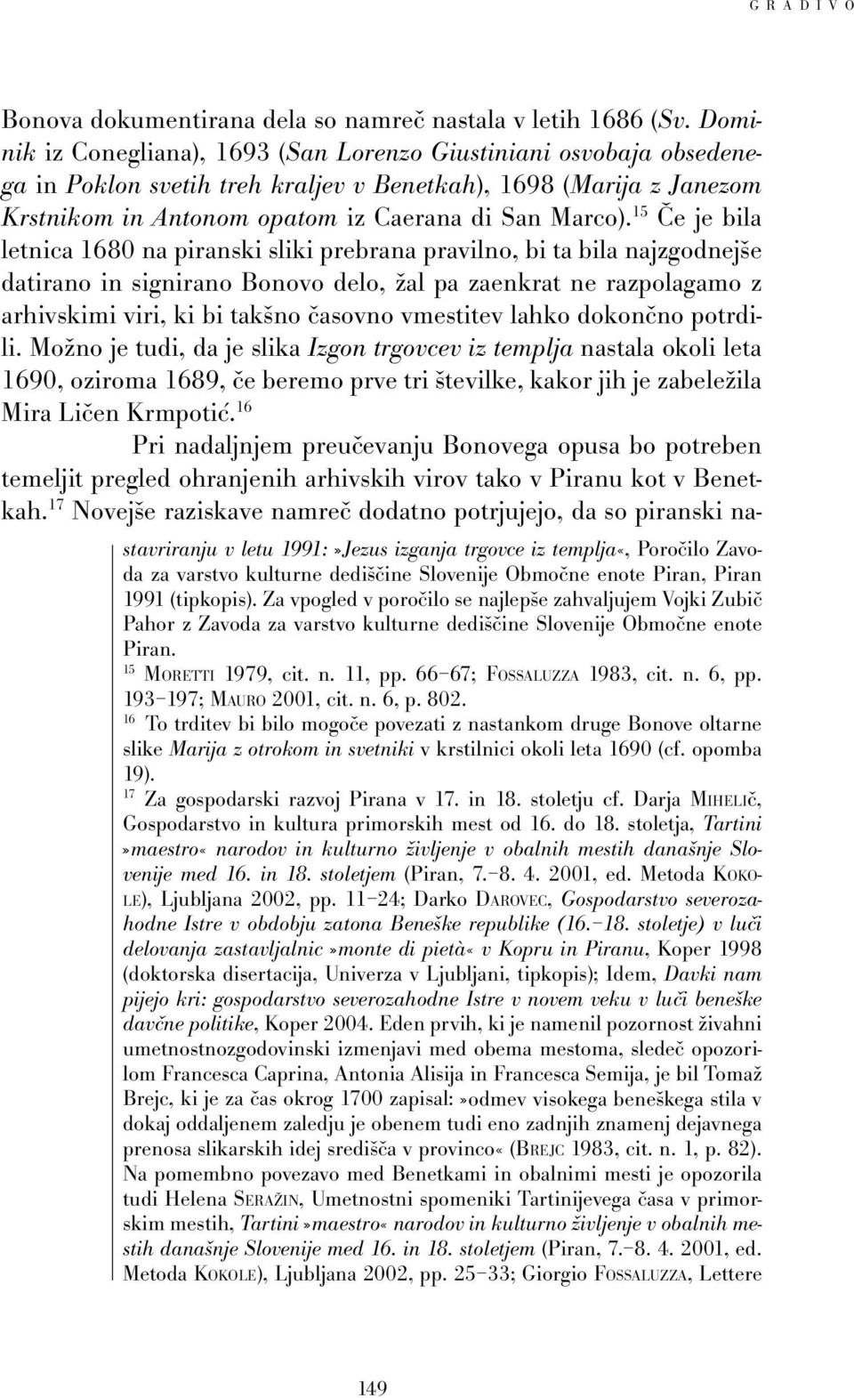 15»e je bila letnica 1680 na piranski sliki prebrana pravilno, bi ta bila najzgodnejše datirano in signirano Bonovo delo, æal pa zaenkrat ne razpolagamo z arhivskimi viri, ki bi takšno Ëasovno