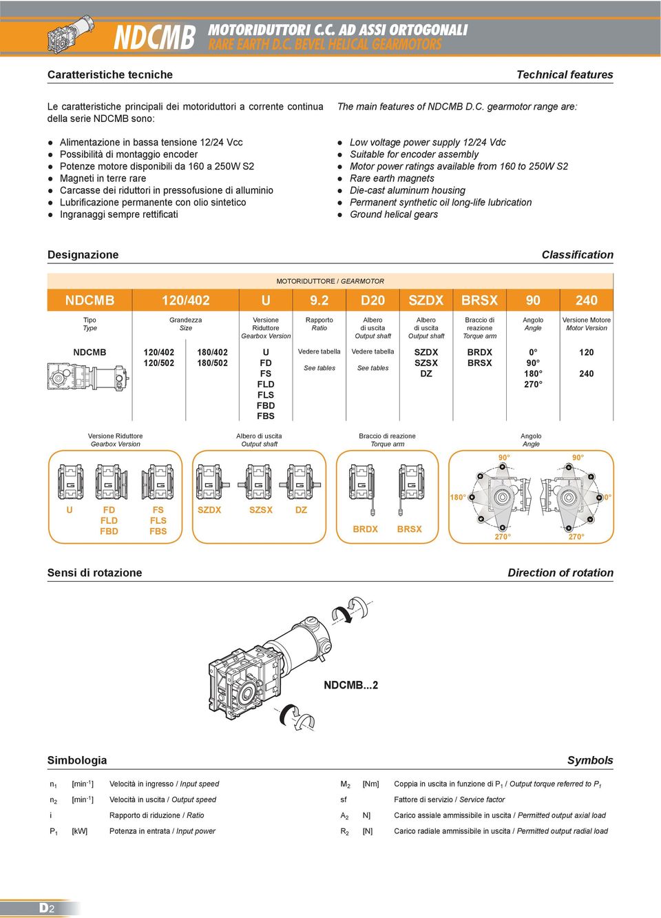 con olio sintetico Ingranaggi sempre rettificati Low voltage power supply 12/24 Vdc Suitable for encoder assembly Motor power ratings available from 160 to 250W S2 Rare earth magnets Die-cast