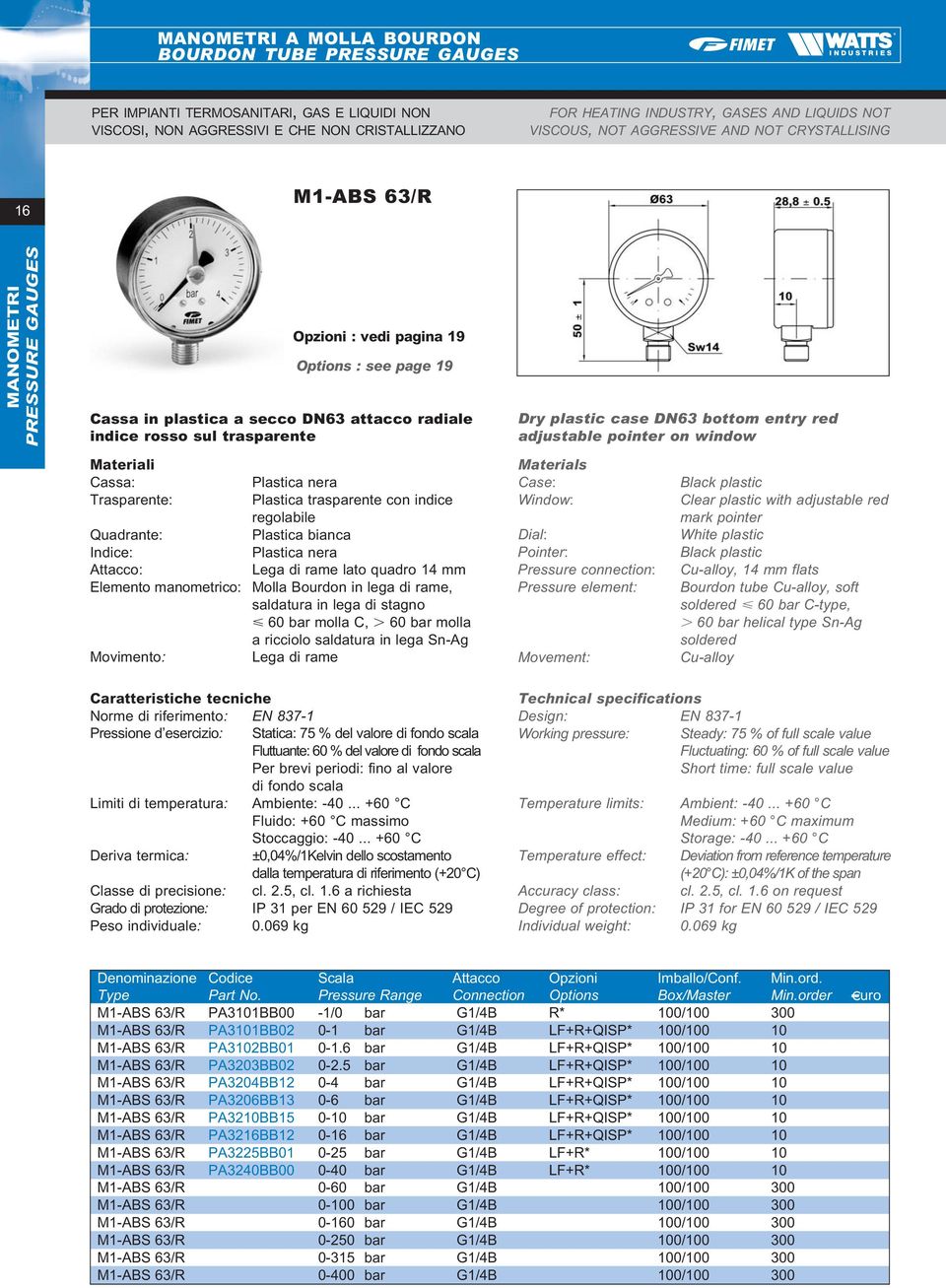 adjustable pointer on window TERMOMETRI TERMO ACCESSORI Cassa: Elemento manometrico: Plastica trasparente con indice regolabile Plastica bianca Lega di rame lato quadro 14 mm Molla Bourdon in lega di