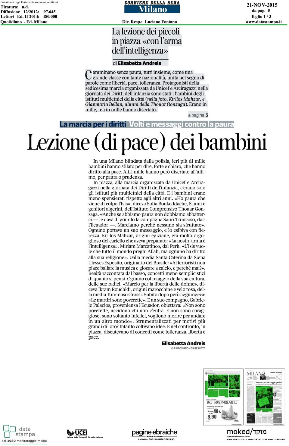 645 Lettori Ed. II 2014: 480.000 Quotidiano - Ed.