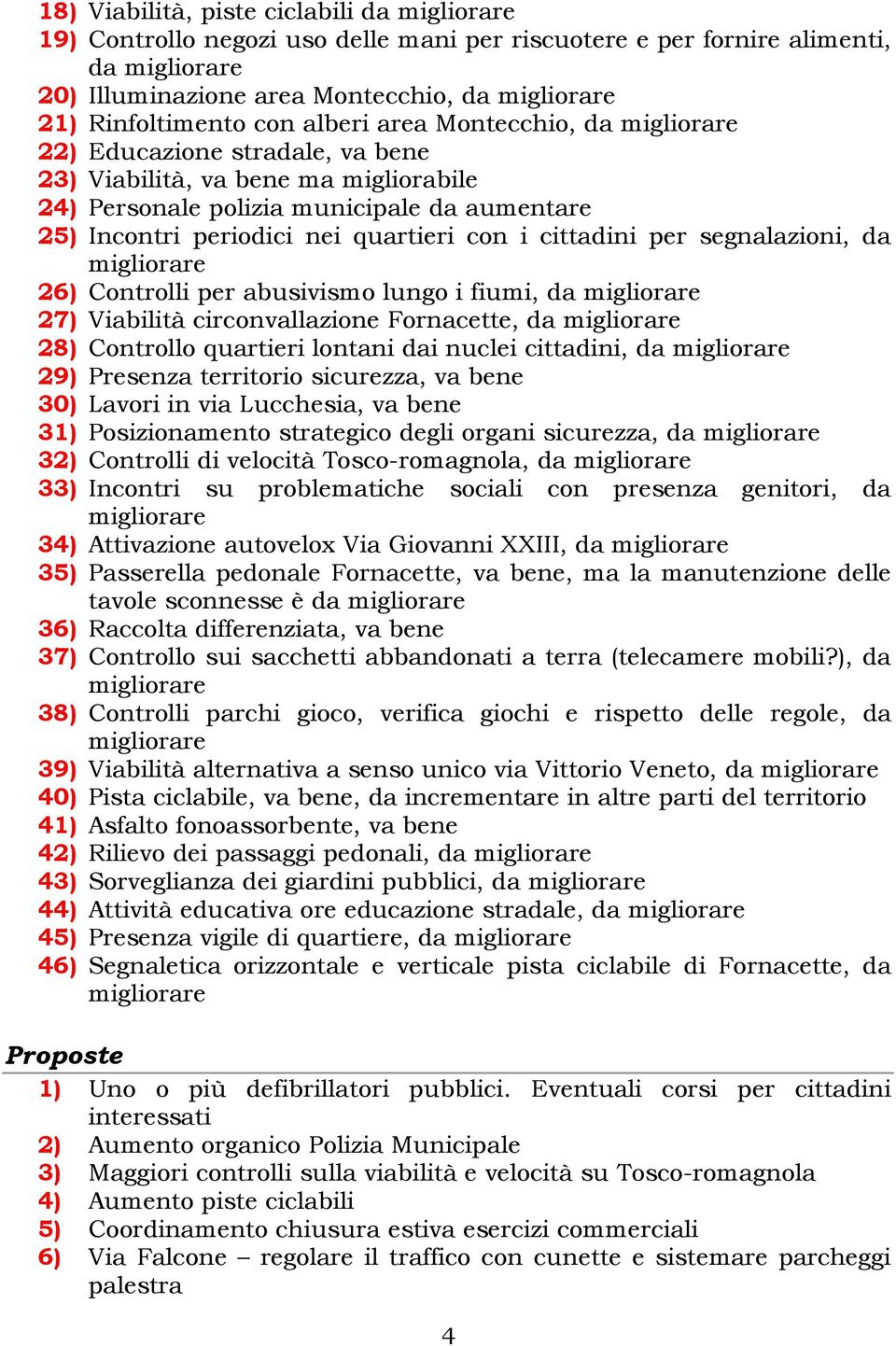 nei quartieri con i cittadini per segnalazioni, da migliorare 26) Controlli per abusivismo lungo i fiumi, da migliorare 27) Viabilità circonvallazione Fornacette, da migliorare 28) Controllo