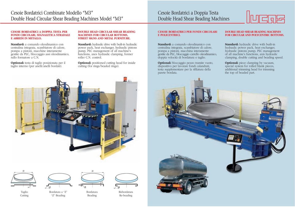 CESOIE BORDATRICI PER FONDI CIRCOLARI E POLICENTRICI. DOUBLE HEAD SHEAR BEADING MACHINES FOR CIRCULAR AND POLYCENTRIC BOTTOMS.