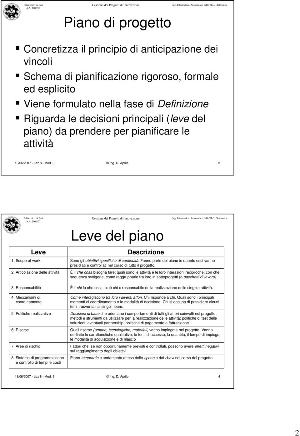 Articolazione delle attività Sono gli obiettivi specifici e di continuità. Fanno parte del piano in quanto essi vanno presidiati e controllati nel corso di tutto il progetto.