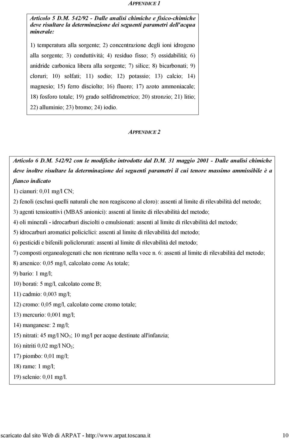 sorgente; 3) conduttività; 4) residuo fisso; 5) ossidabilità; 6) anidride carbonica libera alla sorgente; 7) silice; 8) bicarbonati; 9) cloruri; 10) solfati; 11) sodio; 12) potassio; 13) calcio; 14)