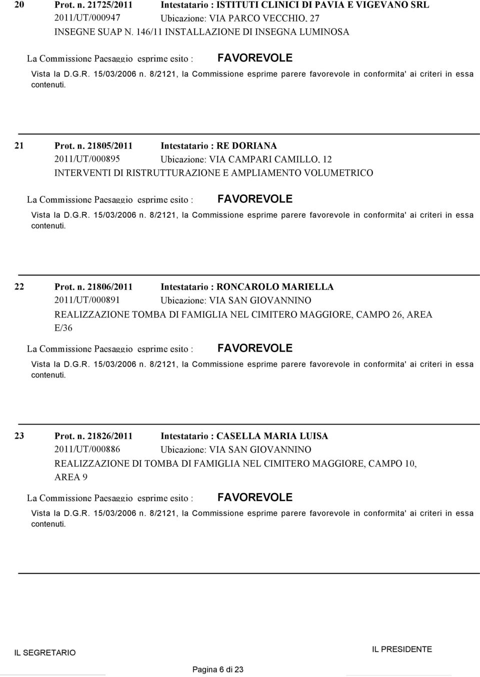 21805/2011 2011/UT/000895 Intestatario : RE DORIANA Ubicazione: VIA CAMPARI CAMILLO, 12 INTERVENTI DI RISTRUTTURAZIONE E AMPLIAMENTO VOLUMETRICO 22 Prot. n.