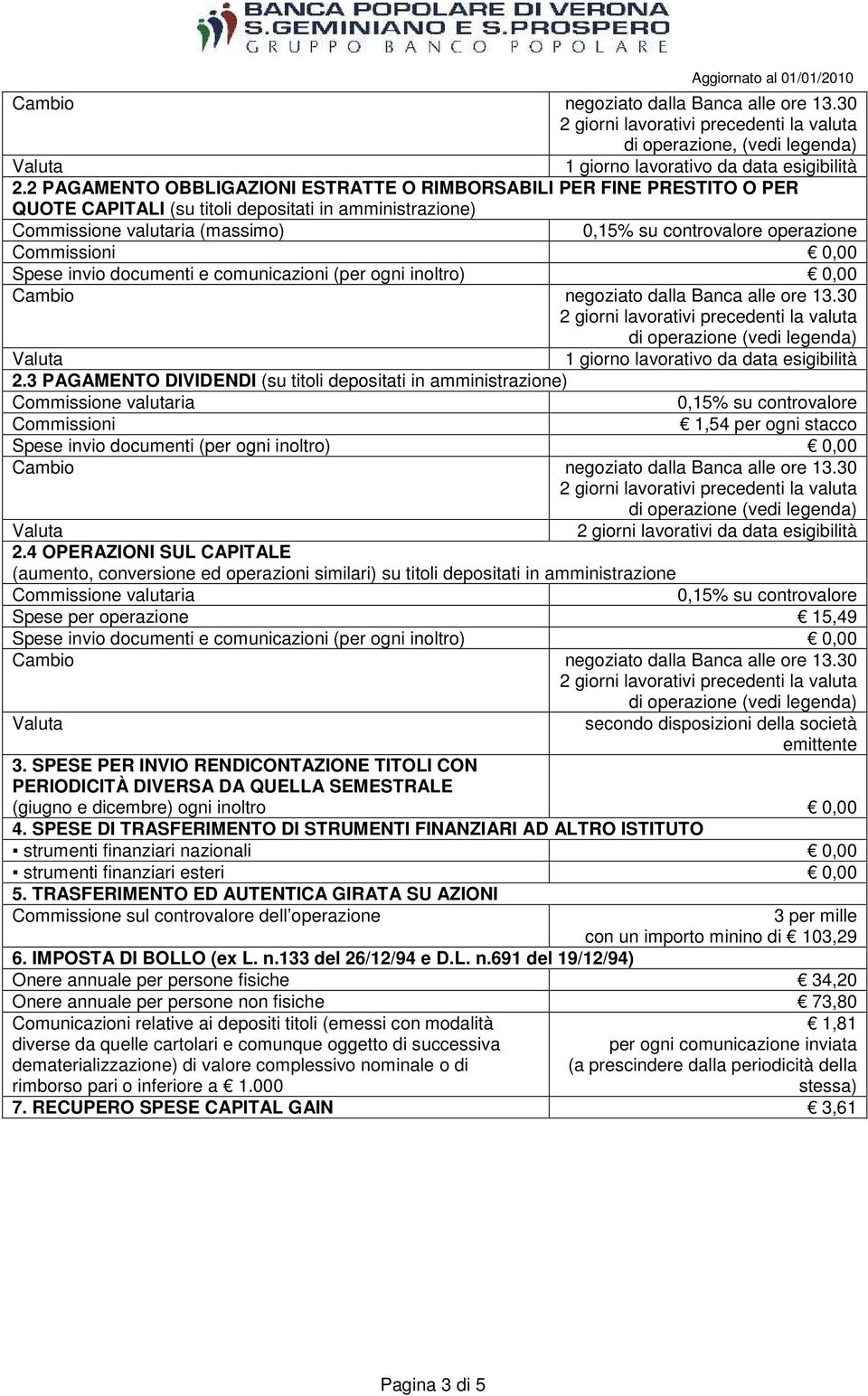 3 PAGAMENTO DIVIDENDI (su titoli depositati in amministrazione) 0,15% su controvalore Commissioni 1,54 per ogni stacco Spese invio documenti (per ogni inoltro) 0,00 2 giorni lavorativi da data