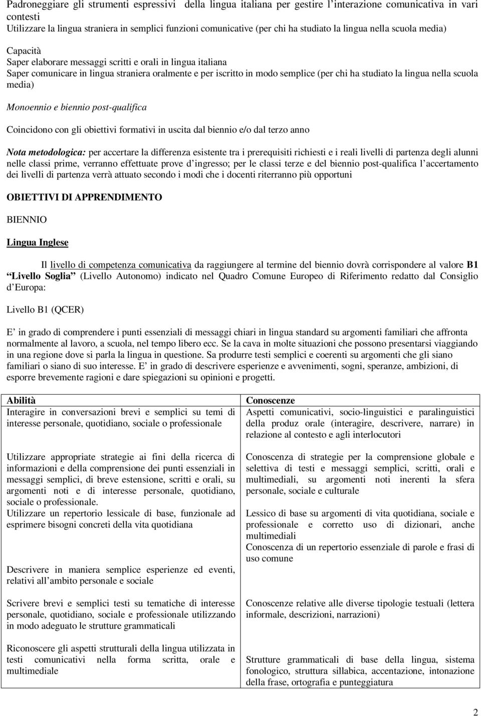 studiato la lingua nella scuola media) Monoennio e biennio post-qualifica Coincidono con gli obiettivi formativi in uscita dal biennio e/o dal terzo anno Nota metodologica: per accertare la