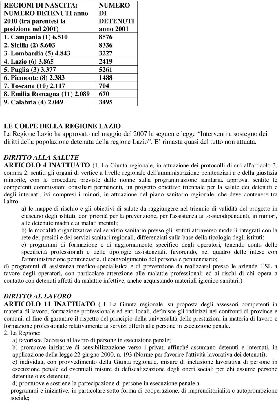 049 3495 NUMERO DI DETENUTI anno 2001 LE COLPE DELLA REGIONE LAZIO La Regione Lazio ha approvato nel maggio del 2007 la seguente legge Interventi a sostegno dei diritti della popolazione detenuta