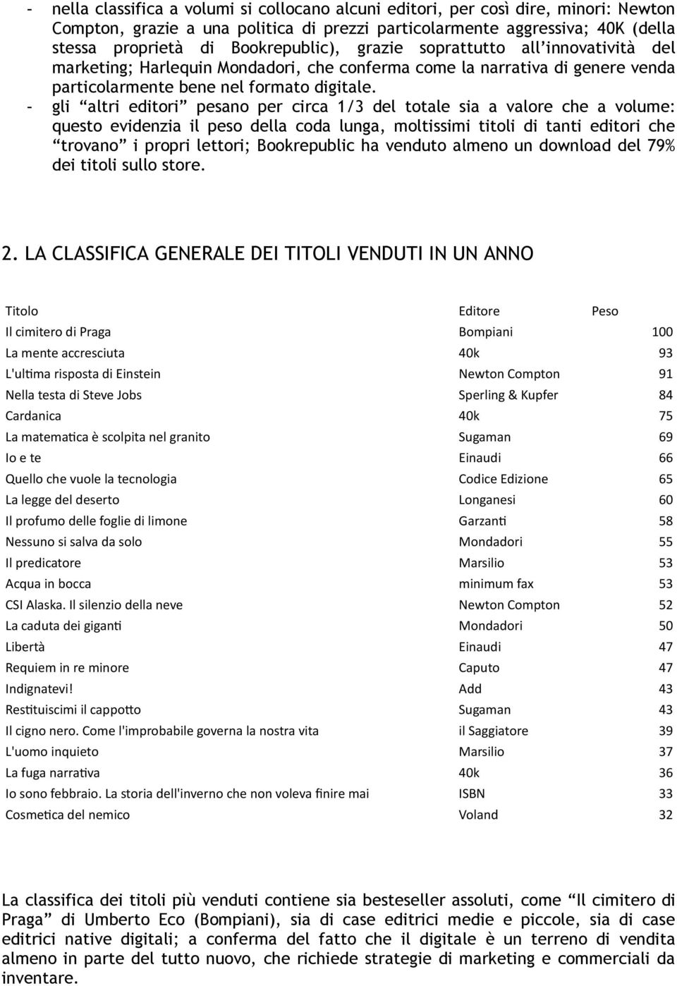 - gli altri editori pesano per circa 1/3 del totale sia a valore che a volume: questo evidenzia il peso della coda lunga, moltissimi titoli di tanti editori che trovano i propri lettori; Bookrepublic