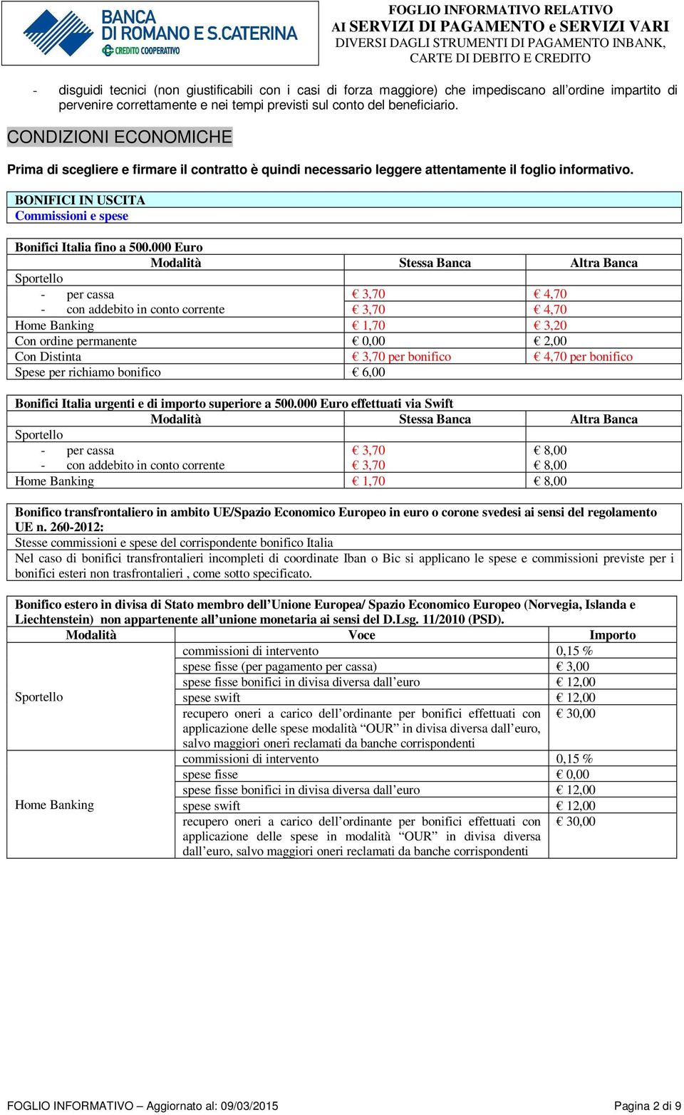 000 Euro Modalità Stessa Banca Altra Banca - per cassa 3,70 4,70 3,70 4,70 - con addebito in conto corrente Home Banking 1,70 3,20 Con ordine permanente 0,00 2,00 Con Distinta 3,70 per bonifico 4,70